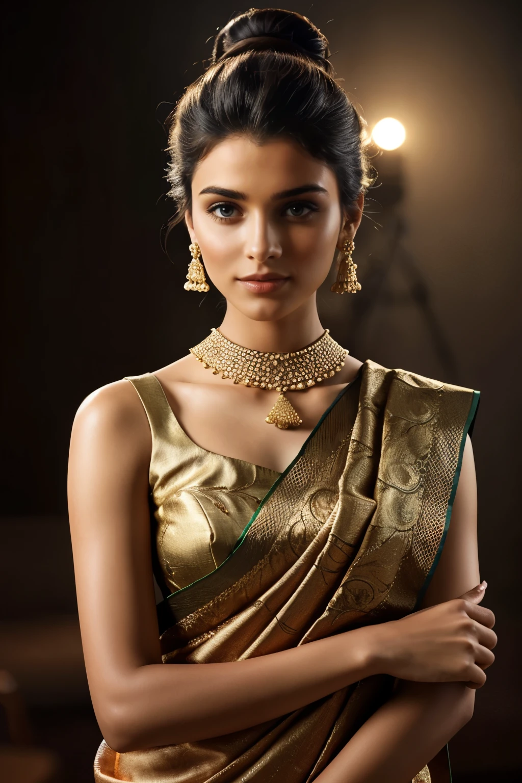 In this photograph, an Indian Instagram female model in her mid-20s takes hugging her self. (highly detailed face:1.4) (smile:0.7) (background 5-star hotel, moody, private study:1.0V, by Lee Jeffries, Nikon D850, film stock photograph, 4 Kodak Portra 400, camera f1.6 lens, rich colors, hyper-realistic, lifelike texture, dramatic lighting, Cinestill 800, realistic). She is wearing a traditional cherry blossom saree that exudes elegance and sophistication. The saree features a vibrant and intricate design with rich colors and detailed patterns, draped gracefully around her. The blouse is sleeveless but with intricate embroidery and beadwork, complementing the saree’s luxurious fabric. She is tying her hair with raised hands, Completing her look, she adorns herself with traditional jewelry, including bangles, earrings, and a necklace. The model's hair is styled in a classic bun with jasmine flowers, adding a modern twist to her traditional attire.
The photograph is meticulously captured in 8K resolution using cutting-edge techniques such as Cinema 4D and Octane Render, resulting in a highly detailed and photorealistic image. Studio lighting, HDR, and a smoky mist create a captivating ambiance, while the bokeh effect adds an artistic touch.