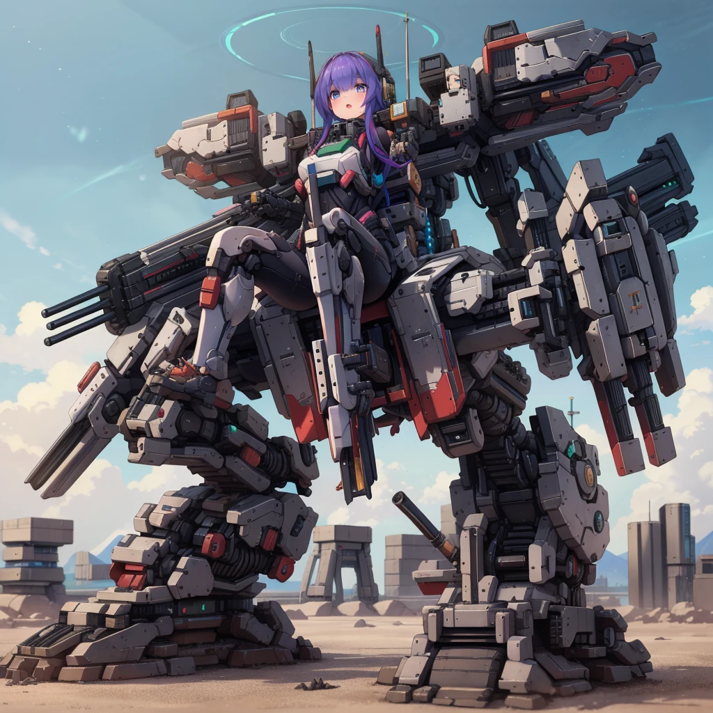 (masterpiece:1.2), best quality, high resolution, extremely detailed CG, absurdres, highres, Sci-fi world, a girl in bodysuit sits inside a machine with giant robot arms and legs on a battlefield, and the girl holds the lever of the machine,Colorful portraits
