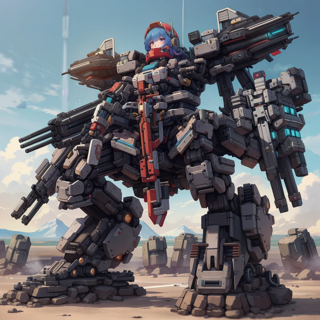 (masterpiece:1.2), best quality, high resolution, extremely detailed CG, absurdres, highres, Sci-fi world, a girl in bodysuit sits inside a machine with giant robot arms and legs on a battlefield, and the girl holds the lever of the machine,Colorful portraits