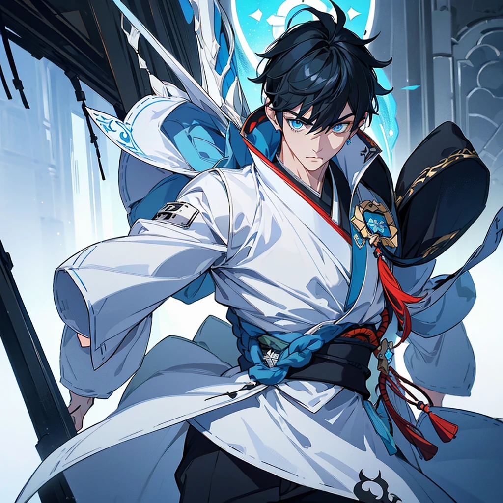((Genshin impact style)) (masterpiece), (high quality), (pretty boy face), 1 boy, 16 years, masculine and tall body, white skin, ((medium black hair)), ((light blue and cold eyes)), calm and neutral expression, designs from East Asian, Game character costume design, Japanese clothing style with a dark blue, white and black color palette, his is holding a catalyst (weapon) ((White background)) intricate details, lens flare,ultra high resolution,sharp focus,HD,8k,clear facial features,clear details,beautiful eyes,beautiful face