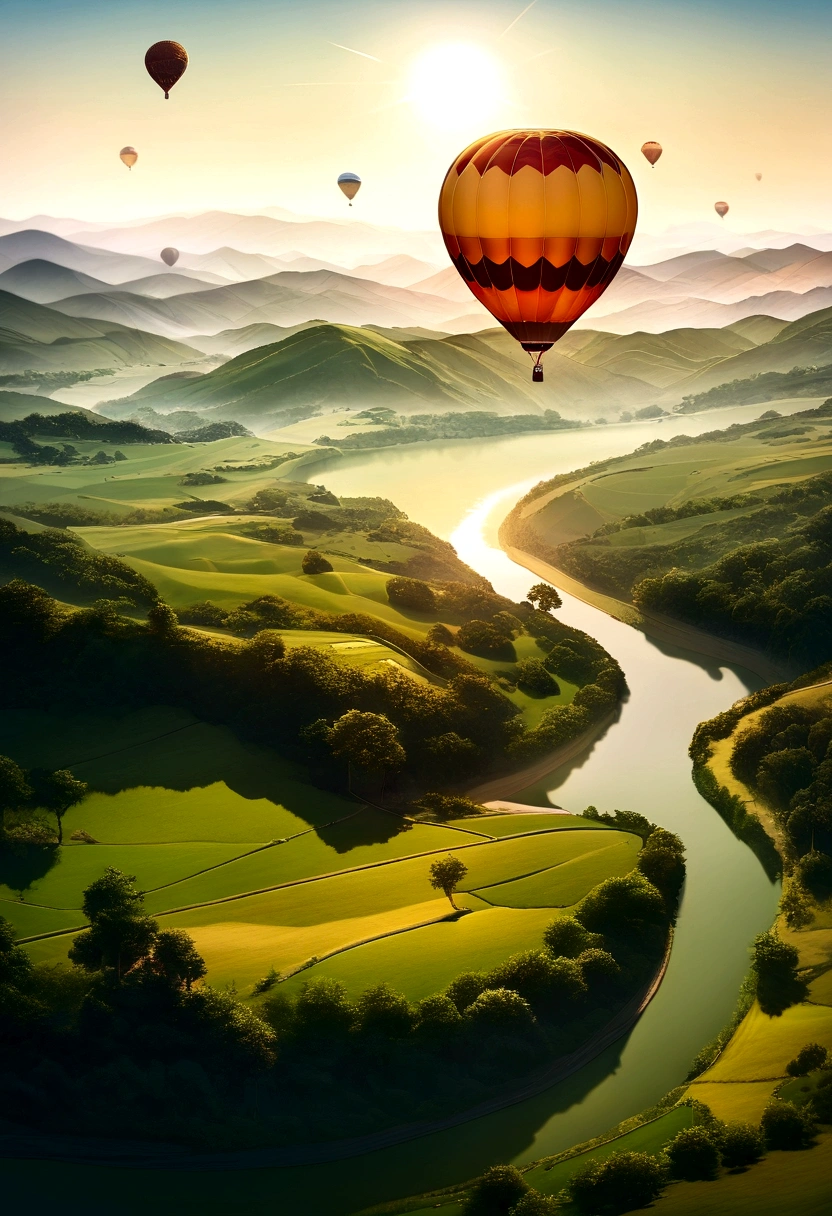 Picture of a single massive, flying hot air balloon. (Floating in air, Different colors)) Picture of air balloon flying above a lush green valley on a sunny warm sunny day
