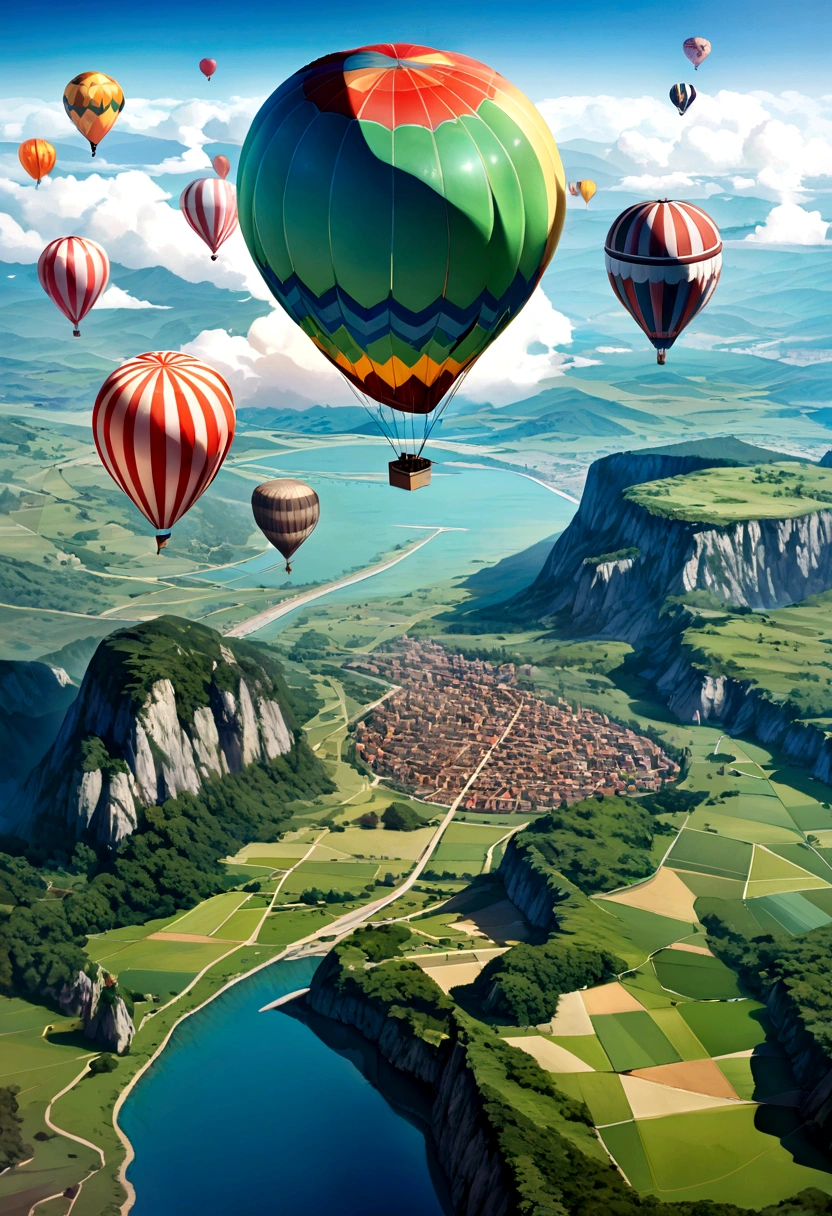 Picture of a single massive, flying hot air balloon. (Floating in air, Different colors)) Picture of air balloon flying above a lush green valley on a sunny warm sunny day