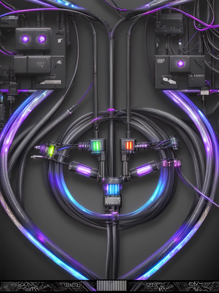 black flower made cables and wires and led, attractive iridescent fractaly isometric