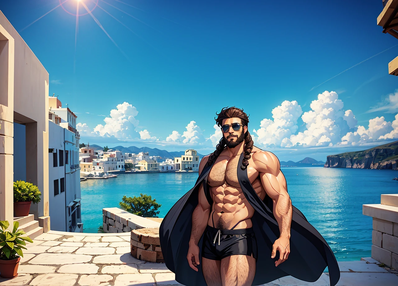 muscular latino curly haired man with beard and sunglasses in greece in different animation styles