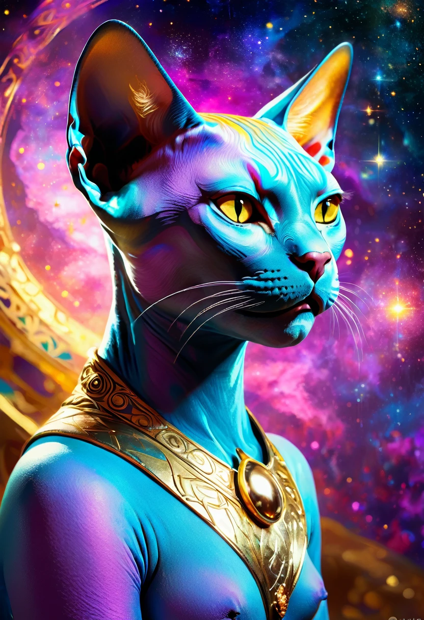 a high quality digital painting of a Sphynx Cat, with a luxurious Gold and cosmic background, inspired by Isabelle and Okumura Masanobu. Vivid colors, detailed fur texture, mystical, fantasy art, vibrant, front view, realistic, glowing eyes, celestial elements, art nouveau style, 4k.