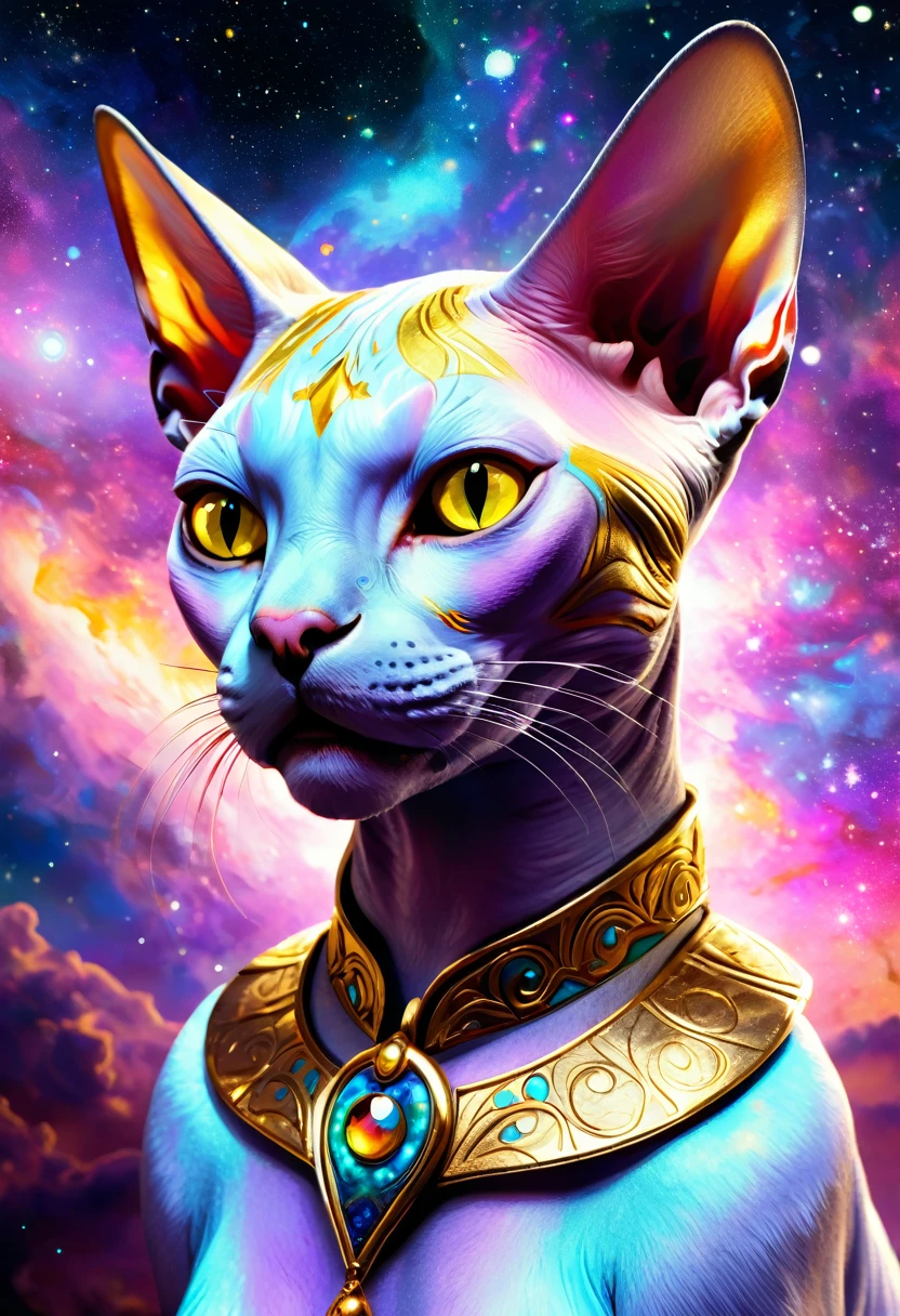 a high quality digital painting of a Sphynx Cat, with a luxurious Gold and cosmic background, inspired by Isabelle and Okumura Masanobu. Vivid colors, detailed fur texture, mystical, fantasy art, vibrant, front view, realistic, glowing eyes, celestial elements, art nouveau style, 4k.