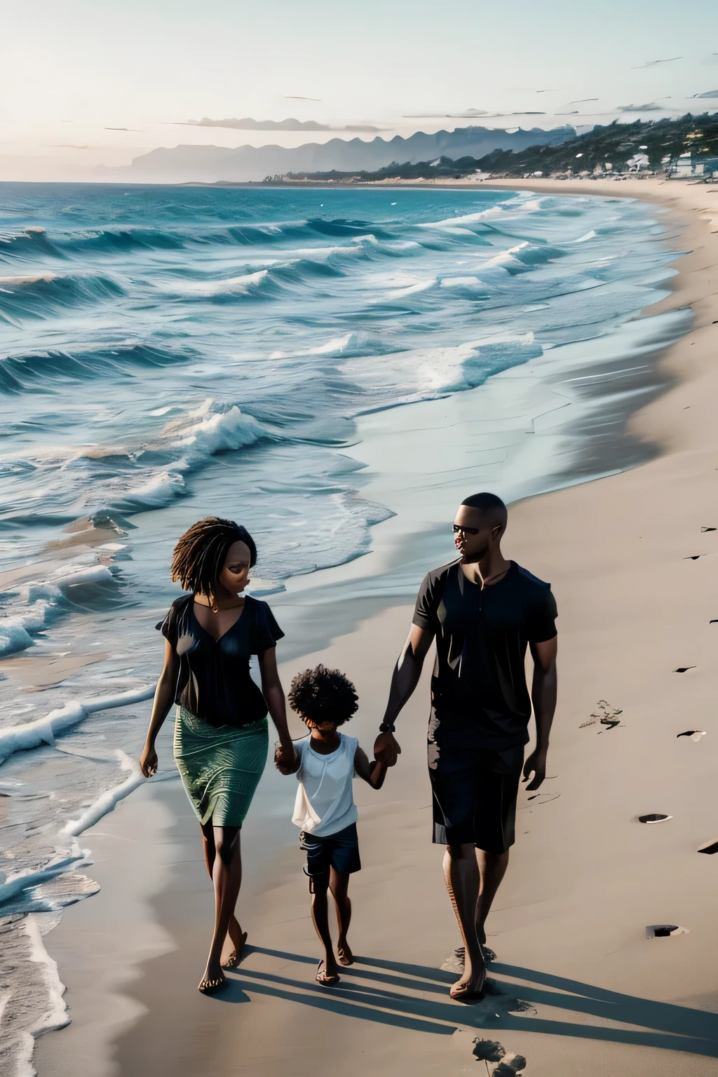 3 black people, male, female, holding s hand,light skinned black, female, walking on the beach, near the ocean, white sand