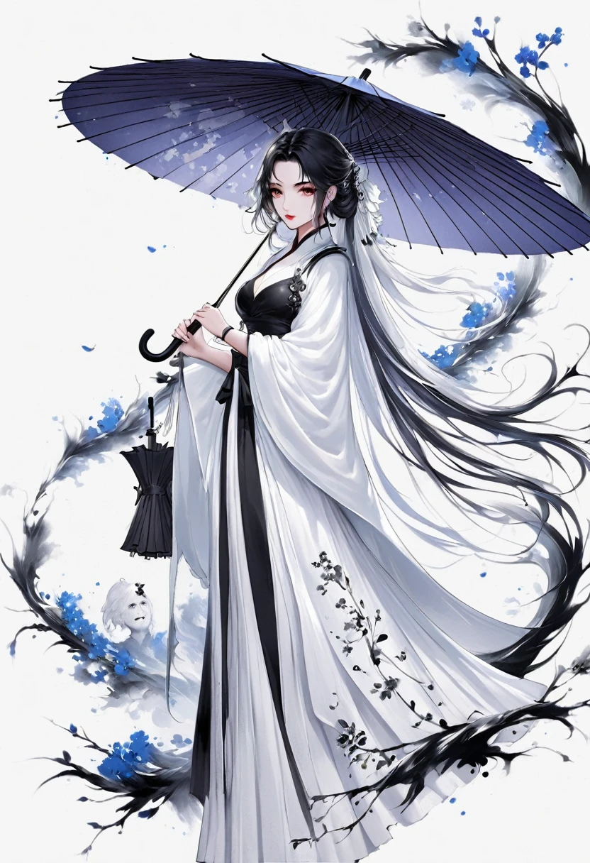 (Lots of white space:1.5),(Lots of white space around:1.6), White background, simple, Minimalism, Abstract,Hand Painted,Aesthetic,black and white,Ink Painting,,Falling Flowers,Girl holding an umbrella in the distance,(Umbrella:1.7),一幅Abstract的艺术插图, author:Li Song, Arte no estilo de Gu Weiss, Shin Jin Hye, Obra-prima de Gu Weiss, Ross Figure 1. 0, Beautiful digital illustrations, Inspired by Non-WLOP, simple數位藝術, jingna zhang, Gu Weiss, Stunning digital illustrations