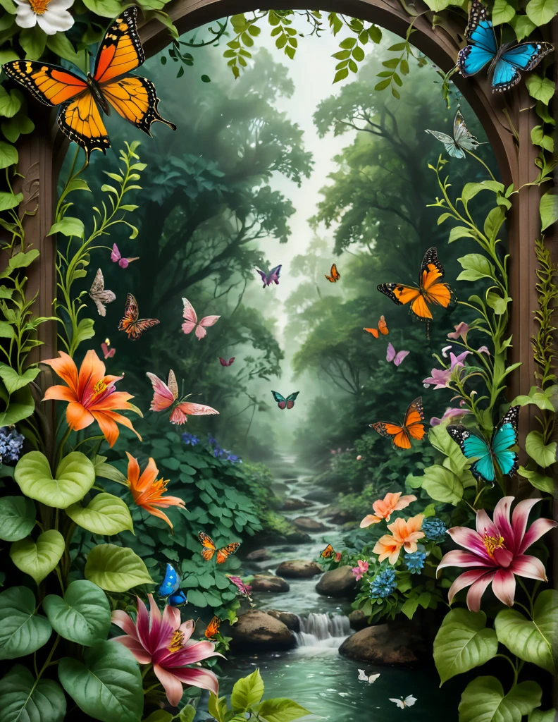 ((1butterfly)), giant, vibrant, colorful fluttering among an array of feathers, flowers, leaves, and vines, spectrum of colors and intricate wing patterns, while the feathers add texture with delicate plumes. The flowers are in full bloom, displaying a variety of shapes and hues, nestled among lush green leaves. Vines weave through the scene, adding depth and connecting all elements. The background is softly lit, enhancing the vividness of the colors and creating a harmonious and enchanting natural environment.