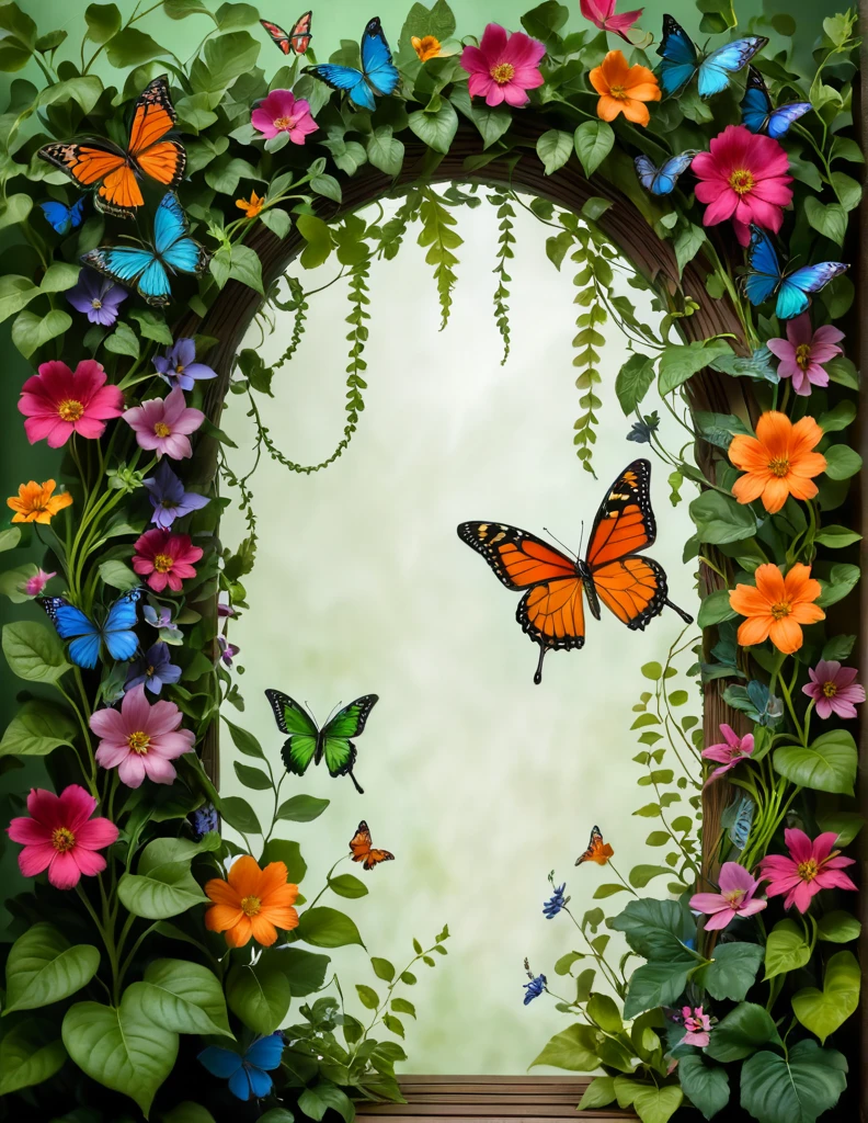((1butterfly)), giant, vibrant, colorful fluttering among an array of feathers, flowers, leaves, and vines, spectrum of colors and intricate wing patterns, while the feathers add texture with delicate plumes. The flowers are in full bloom, displaying a variety of shapes and hues, nestled among lush green leaves. Vines weave through the scene, adding depth and connecting all elements. The background is softly lit, enhancing the vividness of the colors and creating a harmonious and enchanting natural environment.