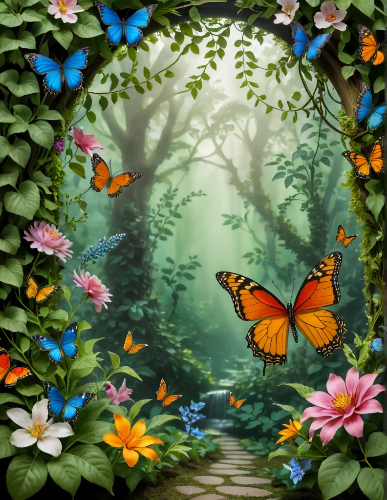 ((1butterfly)), giant, vibrant, colorful fluttering among an array of feathers, flowers, leaves, and vines, spectrum of colors and intricate wing patterns, while the feathers add texture with delicate plumes. The flowers are in full bloom, displaying a variety of shapes and hues, nestled among lush green leaves. Vines weave through the scene, adding depth and connecting all elements. The background is softly lit, enhancing the vividness of the colors and creating a harmonious and enchanting natural environment.
