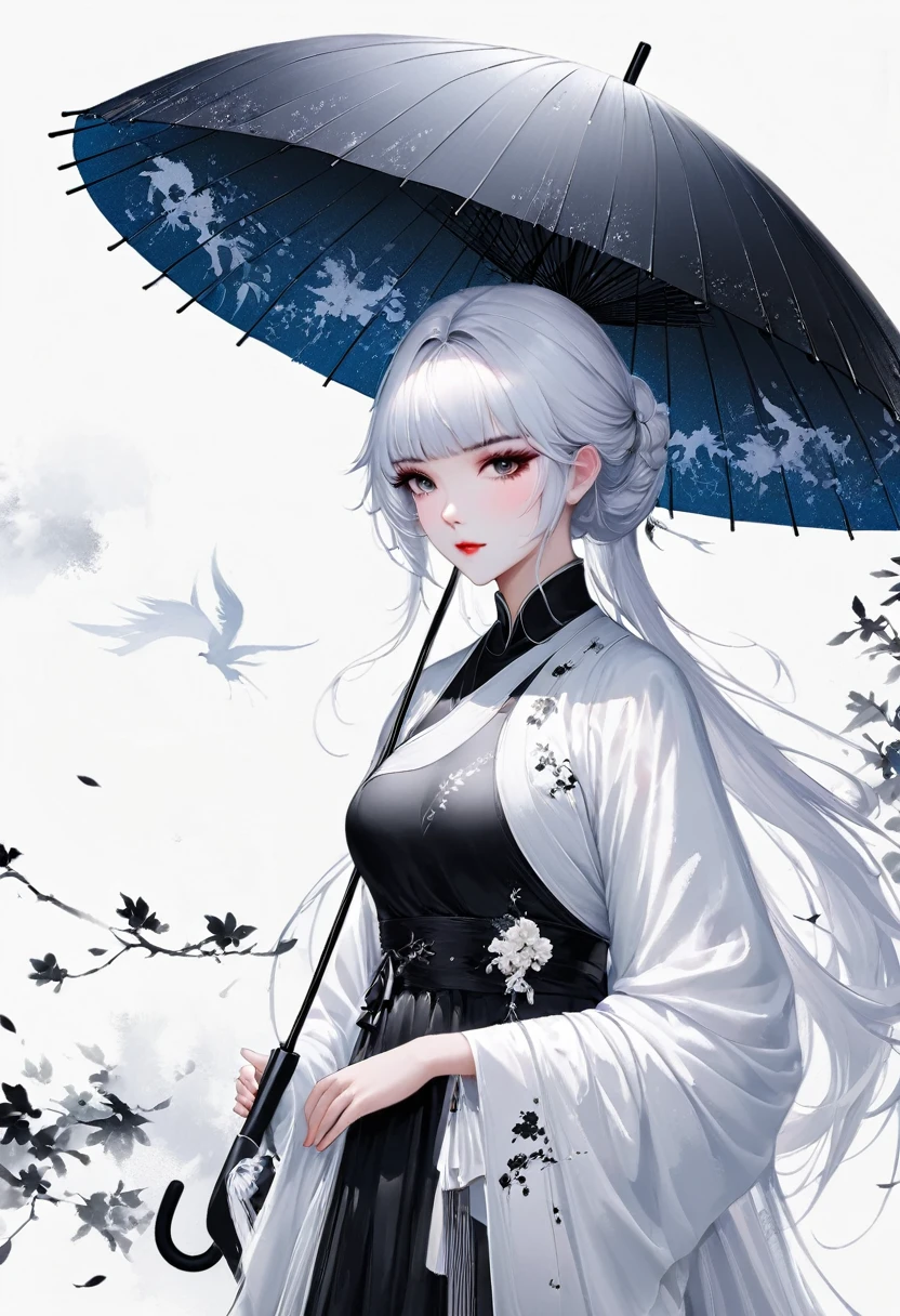 (Lots of white space:1.5)，(Lots of white space around:1.6), White background, simple, Minimalism, Abstract,Hand Painted，Aesthetic，black and white，Ink Painting，，Falling Flowers，Girl holding an umbrella in the distance，(Umbrella:1.7),一幅Abstract的艺术插图, author：Li Song, Arte no estilo de Gu Weiss, Shin Jin Hye, Obra-prima de Gu Weiss, Ross Figure 1. 0, Beautiful digital illustrations, Inspired by Non-WLOP, simple數位藝術, jingna zhang, Gu Weiss, Stunning digital illustrations