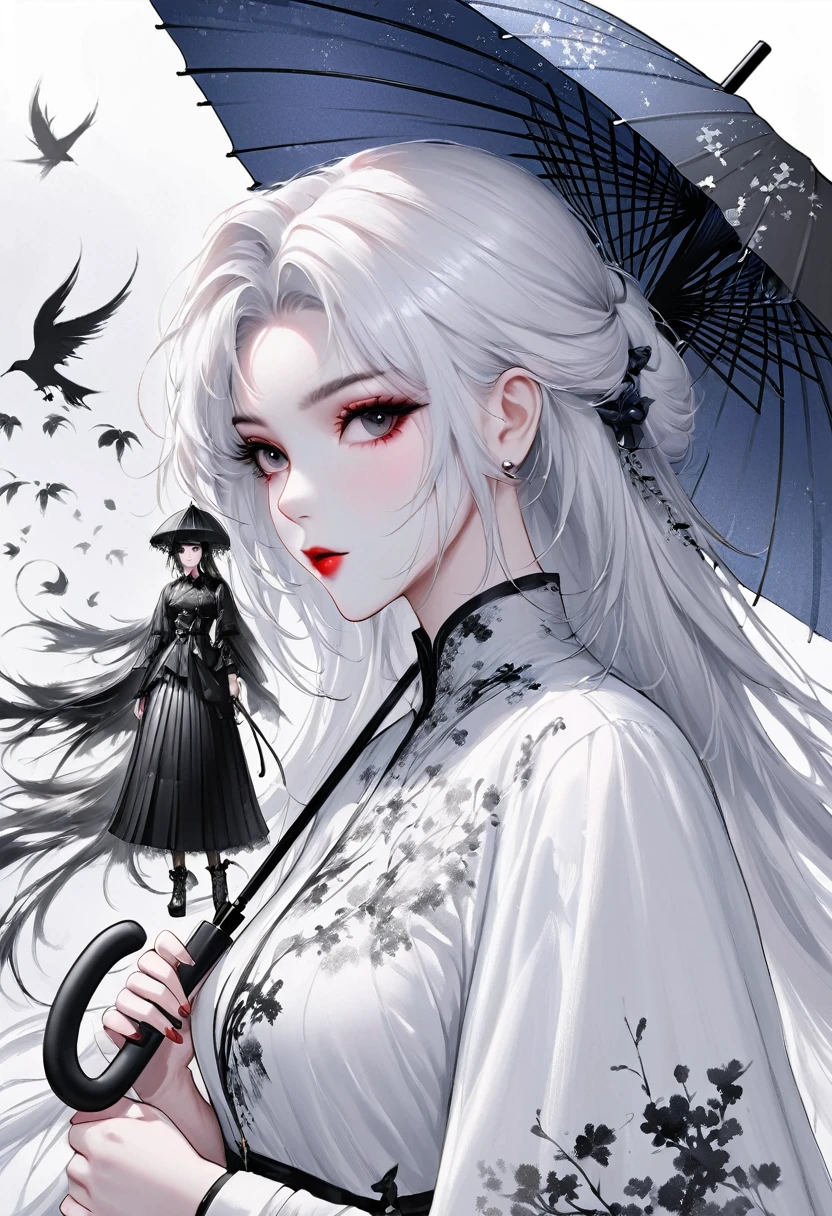 (Lots of white space:1.5),(Lots of white space around:1.6), White background, simple, Minimalism, Abstract,Hand Painted,Aesthetic,black and white,Ink Painting,,Falling Flowers,Girl holding an umbrella in the distance,(Umbrella:1.7),一幅Abstract的艺术插图, author:Li Song, Arte no estilo de Gu Weiss, Shin Jin Hye, Obra-prima de Gu Weiss, Ross Figure 1. 0, Beautiful digital illustrations, Inspired by Non-WLOP, simple數位藝術, jingna zhang, Gu Weiss, Stunning digital illustrations