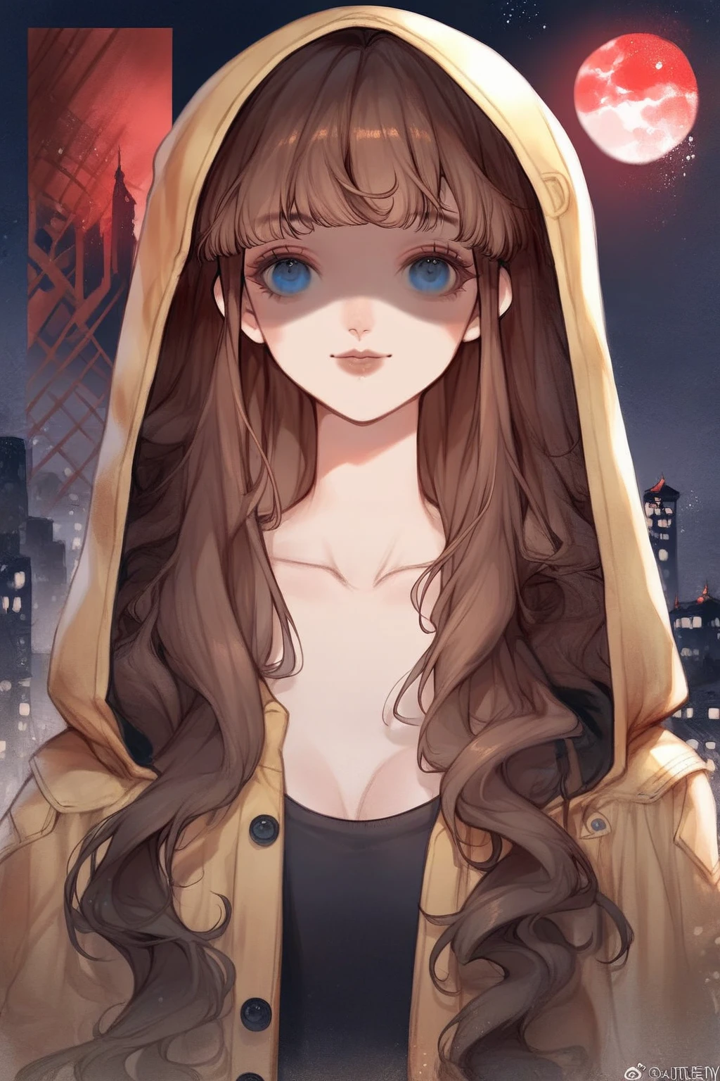 1 girl, CuteStyle, upper body, bottom view, blue eyes, brown hair, long hair with bangs, looking at the viewer, flowing hair, wearing a black T-shirt, fingerless black gloves, unbuttoned black raincoat without hood, standing on the roof outside, night, big red moon, smile, shaded face, face in blood, detailed, beautiful, delicate tones