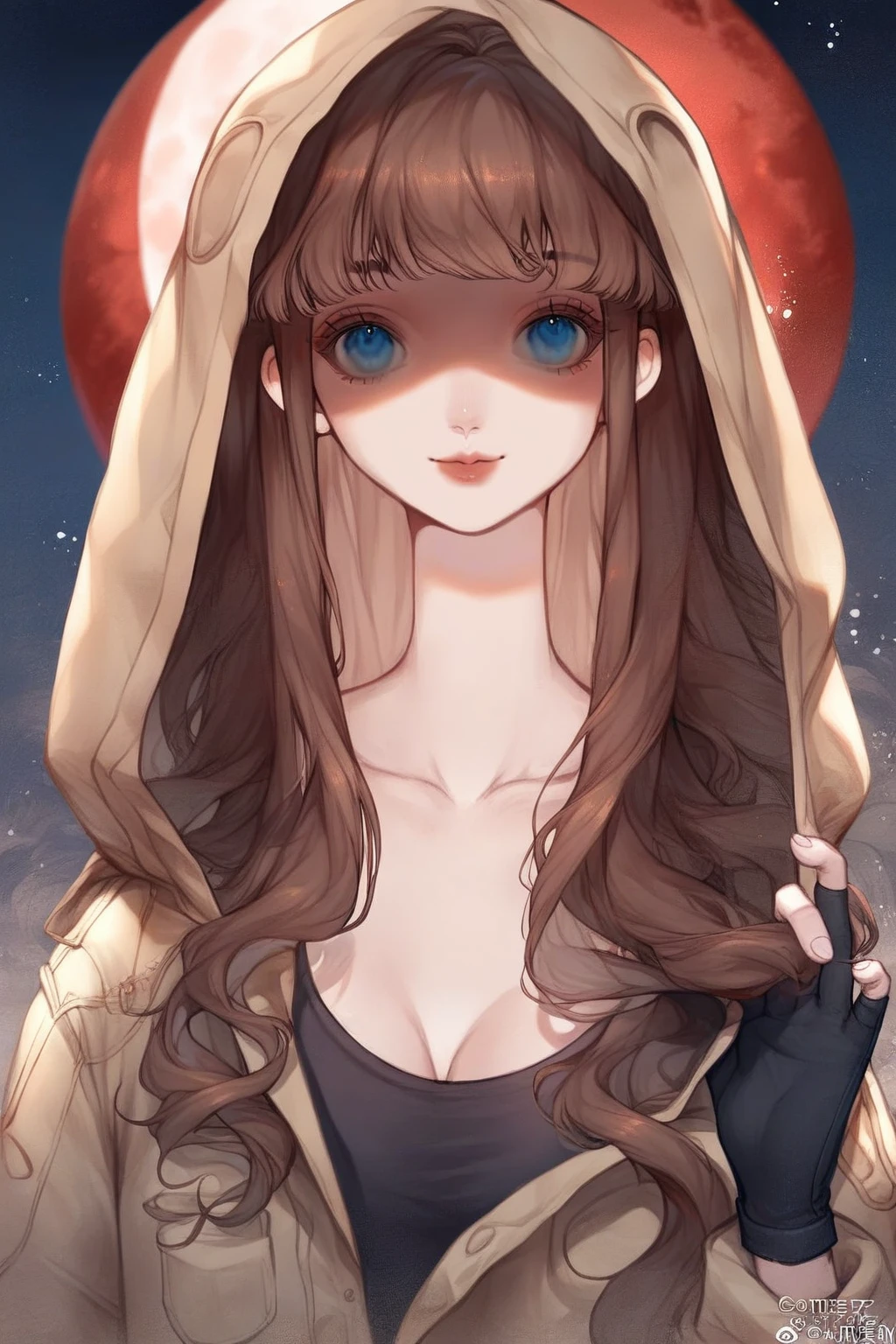 1 girl, CuteStyle, upper body, bottom view, blue eyes, brown hair, long hair with bangs, looking at the viewer, flowing hair, wearing a black T-shirt, fingerless black gloves, unbuttoned black raincoat without hood, standing on the roof outside, night, big red moon, smile, shaded face, face in blood, detailed, beautiful, delicate tones