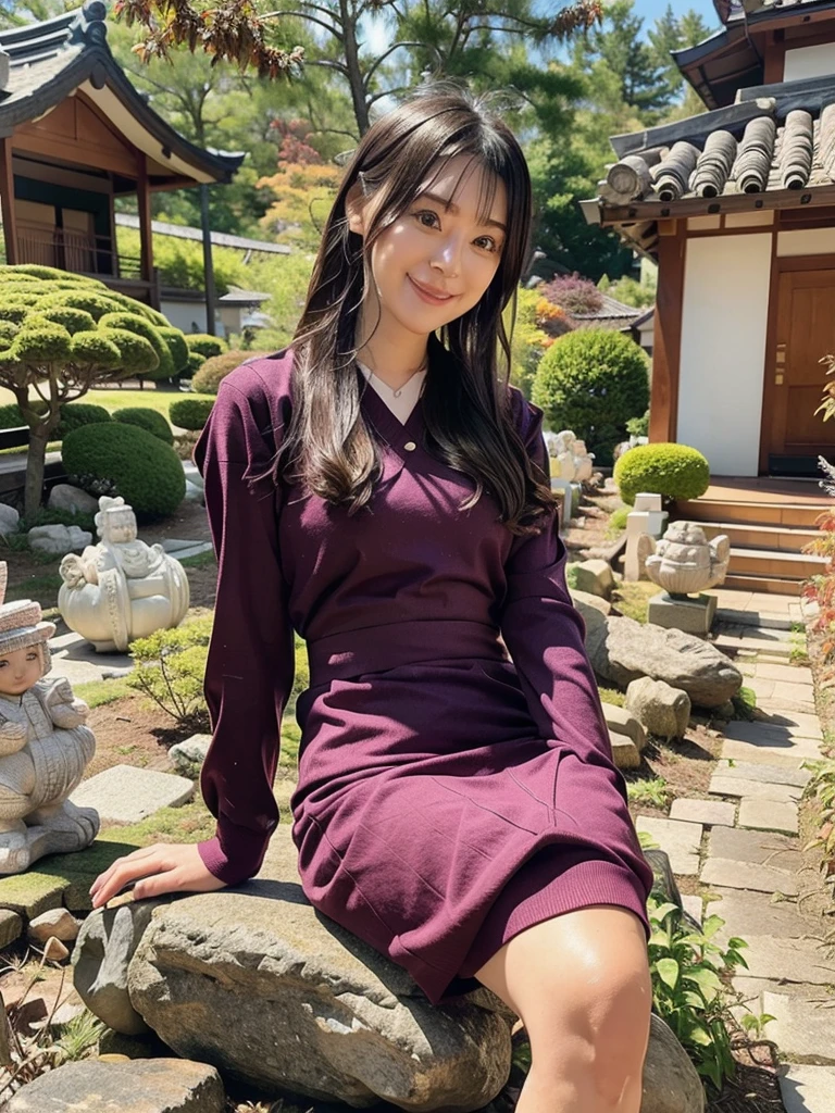 rie,One Woman,(best quality), (ultra detailed), (absolutely resolution),Face is front, 28 years old, Crossing your legs, stewardess, The color of the dress is lavender, The pattern on the clothes is polka dots, Black Hair, smile, Motsuji Temple Garden in Autumn、In a beautiful Japanese garden dyed in autumn leaves