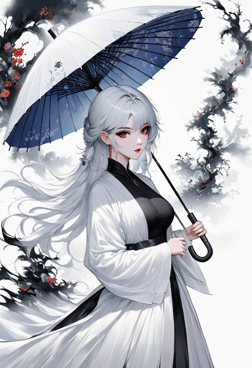 (Lots of white space:1.5)，(Lots of white space around:1.6), White background, simple, Minimalism, Abstract,Hand Painted，Aesthetic，black and white，Ink Painting，，Falling Flowers，Girl holding an umbrella in the distance，(Umbrella:1.7),一幅Abstract的艺术插图, author：Li Song, Arte no estilo de Gu Weiss, Shin Jin Hye, Obra-prima de Gu Weiss, Ross Figure 1. 0, Beautiful digital illustrations, Inspired by Non-WLOP, simple數位藝術, jingna zhang, Gu Weiss, Stunning digital illustrations
