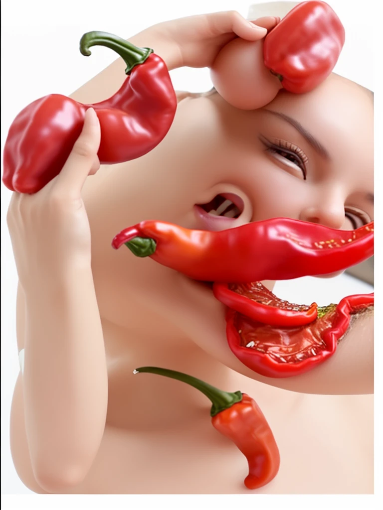 Photo of Challenging flirty sexy woman, she has a (natural uneven skin), (natural mommy look), she looks into the camera, ((between her teeth she has a red pepper))