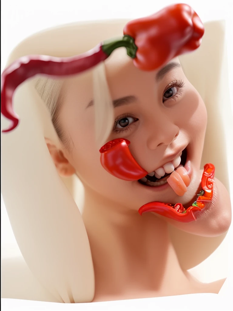 Photo of Challenging flirty sexy woman, she has a (natural uneven skin), (natural mommy look), she looks into the camera, ((between her teeth she has a red pepper))