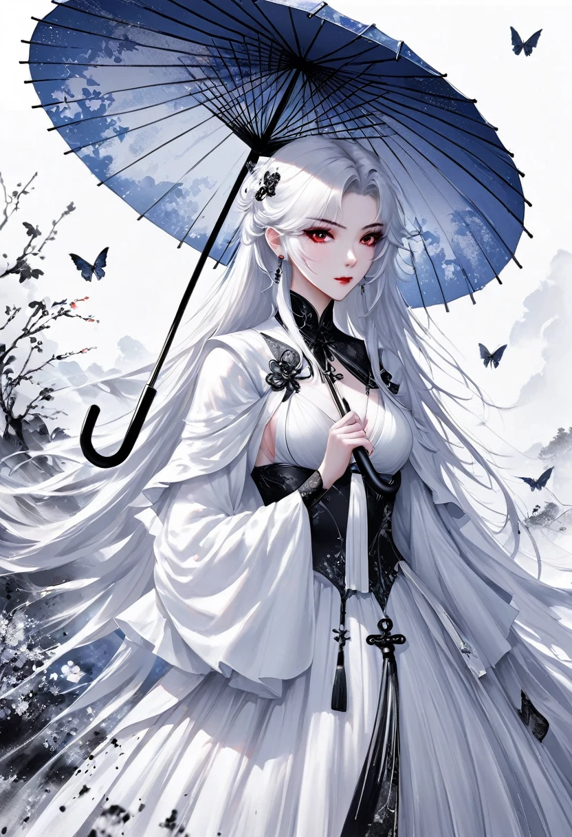(Lots of white space:1.5),(Lots of white space around:1.6), White background, simple, Minimalism, Abstract,Hand Painted,Aesthetic,black and white,Ink Painting,,Falling Flowers,Girl holding an umbrella in the distance,(Umbrella:1.7),一幅Abstract的艺术插图, author:Li Song, Arte no estilo de Gu Weiss, Shin Jin Hye, Obra-prima de Gu Weiss, Ross Figure 1. 0, Beautiful digital illustrations, Inspired by Non-WLOP, simple數位藝術, jingna zhang, Gu Weiss, Stunning digital illustrations