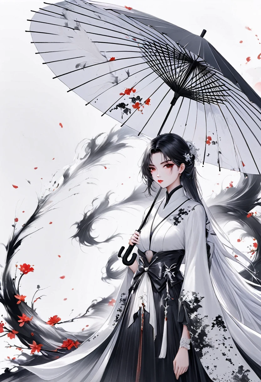 (Lots of white space:1.5),(Lots of white space around:1.6), White background, simple, Minimalism, Abstract,Hand Painted,Aesthetic,black and white,Ink Painting,,Falling Flowers,Girl holding an umbrella in the distance,(Umbrella:1.7),一幅Abstract的艺术插图, author:Li Song, Arte no estilo de Gu Weiss, Shin Jin Hye, Obra-prima de Gu Weiss, Ross Figure 1. 0, Beautiful digital illustrations, Inspired by Non-WLOP, simple數位藝術, jingna zhang, Gu Weiss, Stunning digital illustrations