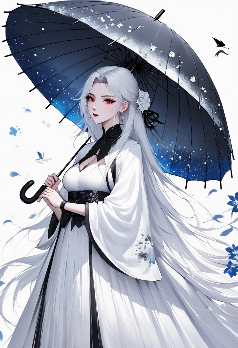 (Lots of white space:1.5),(Lots of white space around:1.6), White background, simple, Minimalism, Abstract,Hand Painted,Aesthetic,black and white,Ink Painting,,Falling Flowers,Girl holding an umbrella in the distance,(Umbrella:1.7),一幅Abstract的艺术插图, author:Li Song, Arte no estilo de Gu Weiss, Shin Jin Hye, Obra-prima de Gu Weiss, Ross Figure 1. 0, Beautiful digital illustrations, Inspired by Non-WLOP, simple數位藝術, jingna zhang, Gu Weiss, Stunning digital illustrations