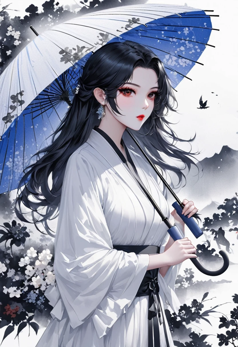 (Lots of white space:1.5),(Lots of white space around:1.6), White background, simple, Minimalism, Abstract,Hand Painted,Aesthetic,black and white,Ink Painting,,Falling Flowers,Girl holding an umbrella in the distance,(Umbrella:1.7),一幅Abstract的艺术插图, author:Li Song, Arte no estilo de Gu Weiss, Shin Jin Hye, Obra-prima de Gu Weiss, Ross Figure 1. 0, Beautiful digital illustrations, Inspired by Non-WLOP, simple數位藝術, jingna zhang, Gu Weiss, Stunning digital illustrations