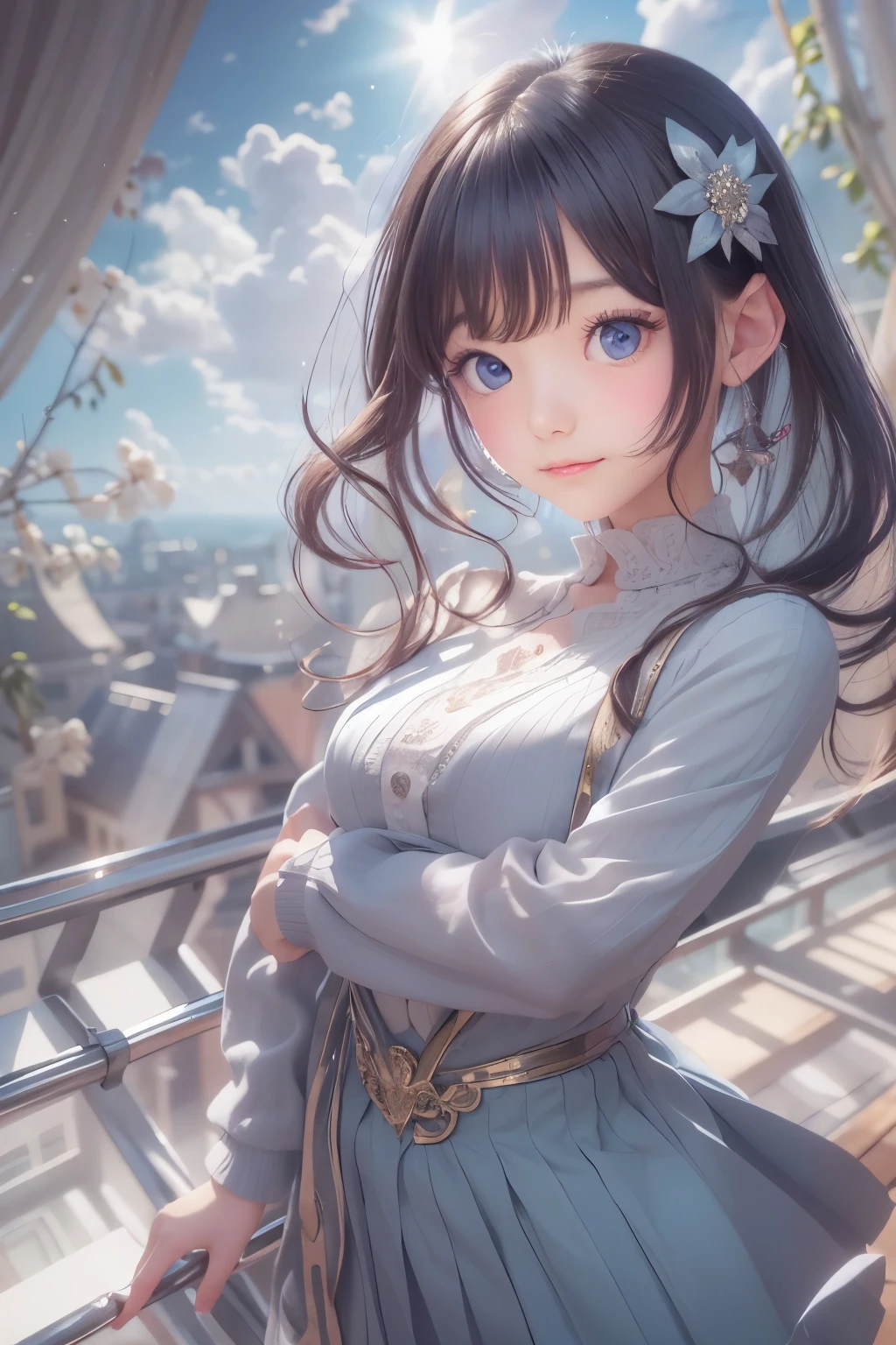 Realistic、8age、Real masterpieces, Highest quality, Highly detailed shape,1 Girl,alone, 画像Book体, flower, Looking at the audience、 Purple eyes, Jewel-like eyes, Very beautiful eyes, Highly detailed face,, , star (null), star座, Purple Energy, handrail, 流star、Shiny, straight, long hair down to the waist, Beautiful shiny bangs、16k、photograph、quality、Looking down on a young girl from above、指は4Book、The thumb1Book、Well-formed fingers、smile、24k、