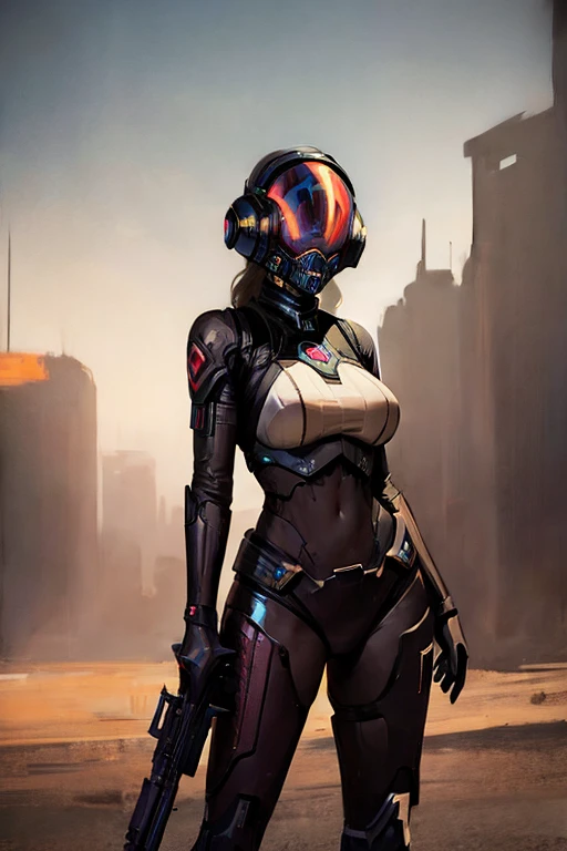 A woman with a gun stands in front of the spaceship, ruined empire in the background, official character art, zombies from doom eternal, Orianna, painting c - 3 p 0, inspired by Sargent Johnson, Celestial planet in the background, Juno promotional image, Full helmet