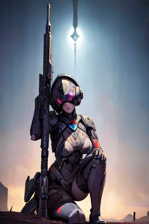 A woman with a gun stands in front of the spaceship, ruined empire in the background, official character art, zombies from doom eternal, Orianna, painting c - 3 p 0, inspired by Sargent Johnson, Celestial planet in the background, Juno promotional image, Full helmet