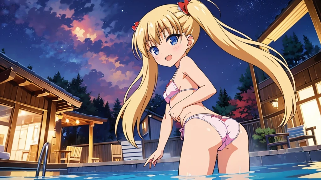 Masterpiece, Best Quality, extremely detailed, cheered up, girl,night pool,high waist bikini,SMILE,:d,action,(small breasts),ass focus nsfw, perfect, anatomy,