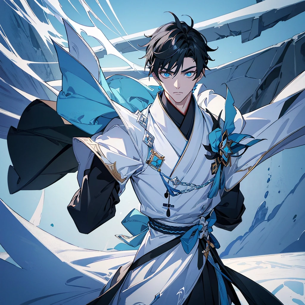 ((Genshin impact style)) (masterpiece), (high quality), (pretty boy face), 1 boy, , masculine and tall body, white skin, ((medium black hair)), ((light blue and cold eyes)), calm and neutral expression, designs from East Asian, Game character costume design, Japanese clothing style with a dark blue, white and black color palette, his is holding a catalyst (weapon) ((White background)) intricate details, lens flare,ultra high resolution,sharp focus,HD,8k,clear facial features,clear details,beautiful eyes,beautiful face