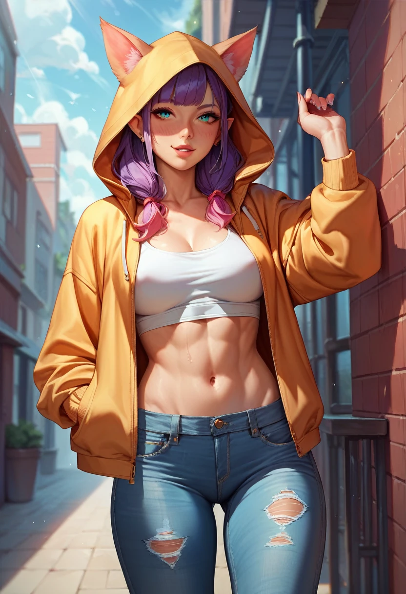 ((Best high quality:1.2)), (8k), extremely detailed, ((High detail:1.2)), 18 years old pretty perfect hot female, ((denim pants, hooded jacket with ears)),