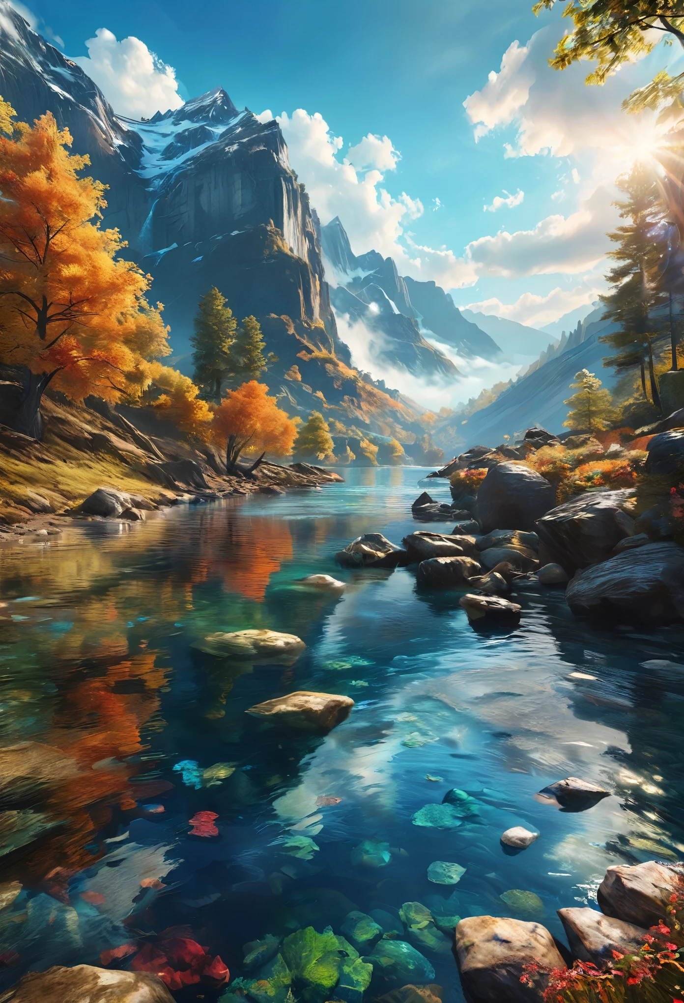 masterpiece, the highest quality, high quality, Very detailed CG unity 8k wallpaper, landscape, Outdoor, null, cloud, null, A cute girl is standing, Mountain, landscape, water, wood, blue null, waterfall, cliff, nature, lake, river , cloudy skies, Award-winning photography, Bokeh, Depth of written boundary, High resolution, bloom, chromatic aberration, Photorealism, Very detailed, Trending on Art Station, Trending on CGSociety, Complex, High detail, dramatic, Art on the road