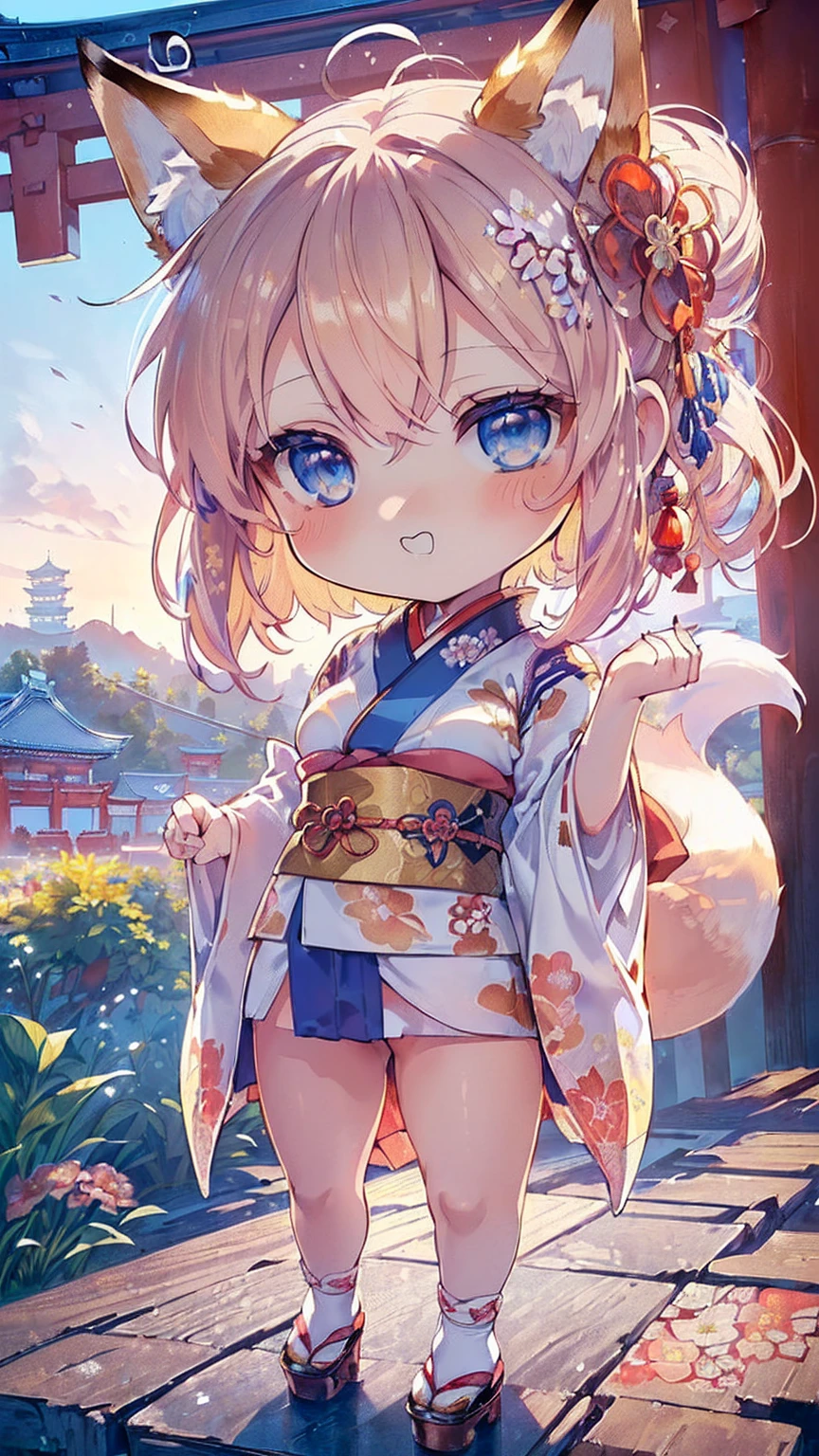 (((Masterpiece))), (((Highest quality))), ((Ultra-detailed)), ((Super fine illustration)), ((Ultra-fine painting)), (16K highest quality wallpaper:1.4), (Chibi:2.0), (Full body:1.6), HDR, (Highly detailed and delicate illustration style:1.8), Detailed skin texture, Detailed cloth texture, Extreme detailed description, (T-masterpiece), (Highly detailed face:1.2), (Highly detailed fox ears:1.2), (Highly detailed shiny golden brown half updo:1.2), (Highly detailed clear blue eyes:1.2), Original, RAW photo, Professional, Intricate details, Super details, (Perfect anatomy:1.4), (Highly detailed hands:1.2), (Highly detailed fingers:1.2), (Highly detailed fingertips:1.2), (27-years-old), Real, (Solo:1.8), ((A very beautiful and attractive fox fashion model with blue eyes wearing a bright red furisode with a floral pattern:1.4)) BRAKE (Beautiful and adorable fox ears:1.6), (Highly detailed and delicate fox ears:1.4), (Beautiful and well-shaped big breasts:1.2), (Beautiful and well-shaped buttocks), (Beautiful and shiny golden brown half updo:1.4), (Highly detailed and delicate golden brown half updo:1.2), (Beautiful clear blue eyes that shine with great detail:1.6), (Highly detailed and delicate blue eyes:1.2), (Highly detailed face:1.4), (Smile:1.5), (Blush:1.4), (Looking at viewer:1.4), (Celebration:1.4) BRAKE (Bright red furisode with floral pattern:1.4), (Japanese traditional costume:1.2) BRAKE (Concept art:1.2), (Detailed fantasy art:1.2) BRAKE (Highly detailed and delicate Ise Grand Shrine in Mie Prefecture in the background just after noon:1.6), (Celebration:1.4), Ise Grand Shrine:1.4, Torii gate of Ise Shrine:1.4, Very beautiful in the sunny sky background just after noon:1.4 BRAKE