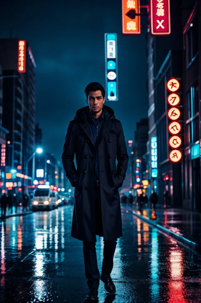 1 man,night city,rain,coat,hand in pocket anime