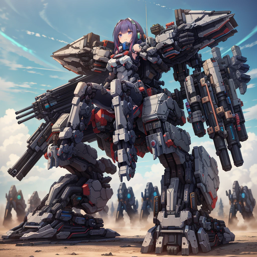 (masterpiece:1.2), best quality, high resolution, extremely detailed CG, absurdres, highres, Sci-fi world, a girl in bodysuit sits inside a machine with giant robot arms and legs on a battlefield, and the girl holds the lever of the machine,Colorful portraits