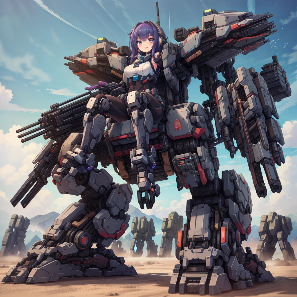 (masterpiece:1.2), best quality, high resolution, extremely detailed CG, absurdres, highres, Sci-fi world, a girl in bodysuit sits inside a machine with giant robot arms and legs on a battlefield, and the girl holds the lever of the machine,Colorful portraits