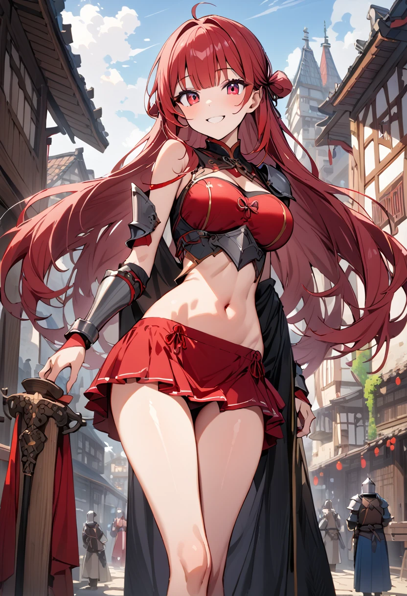 ((masterpiece,Highest quality:1.3)),cowboy shot,1woman,30 year old beauty,独奏,((very small head:1.2)),red hair,long hair,,pigtail,blunt bangs,red eyes,gorgeous eyes,smile,medium breasts,((very long body)),((toned body,slender body,skinny)),gleaming skin,shiny skin,knight armor、bara shoulder、Iron Gauntlet、navel、Red mini skirt,standing,city、sunny、Medieval Europe、