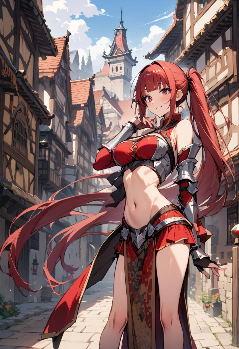 ((masterpiece,Highest quality:1.3)),cowboy shot,1woman,30 year old beauty,独奏,((very small head:1.2)),red hair,long hair,,pigtail,blunt bangs,red eyes,gorgeous eyes,smile,medium breasts,((very long body)),((toned body,slender body,skinny)),gleaming skin,shiny skin,knight armor、bara shoulder、Iron Gauntlet、navel、Red mini skirt,standing,city、sunny、Medieval Europe、