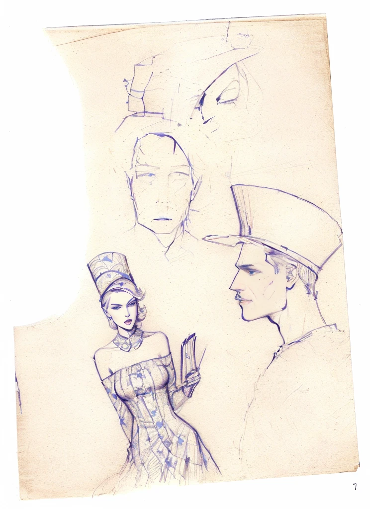 sketches of a woman and a man in a dress and a man in a hat, by Hugh Hughes, sketches, by Lee Loughridge, inspired by Alex Toth, paper sketch, comic drawing, illustration and sketch, comic book drawing, drawn on paper, sketchbook drawing, drawings, art sketches, inspired by Allen Jones, by Antonio Saura, by Virginia Lee Burton