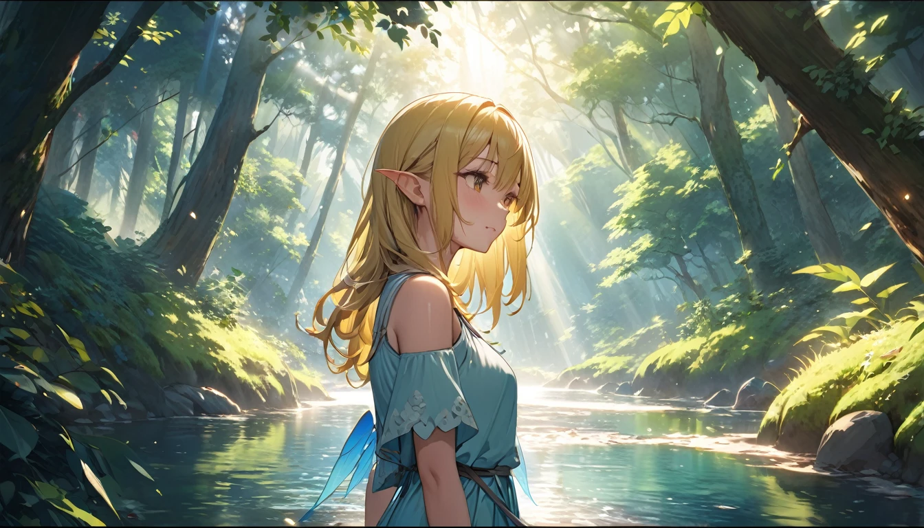 (8K,masterpiece,Highest quality),Hyper Detail,Primary forest,Golden hair shortcut、A fairy girl with a fleeting expression、Sunlight filtering through the trees、river