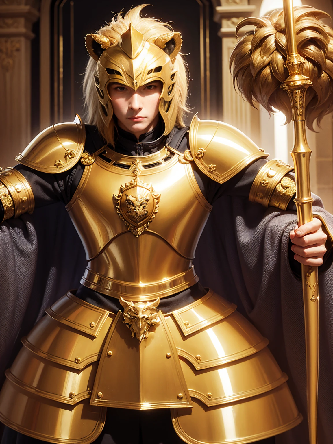 an knight with golden armor, lion helmet