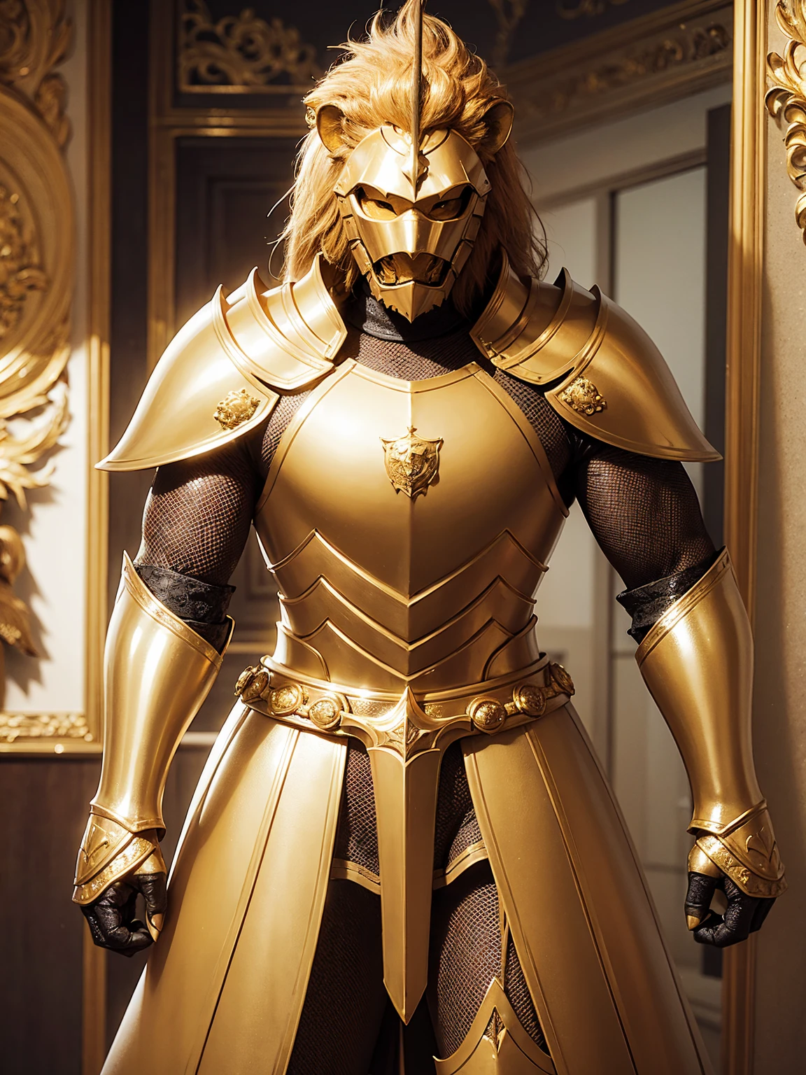 an knight with golden armor, lion helmet