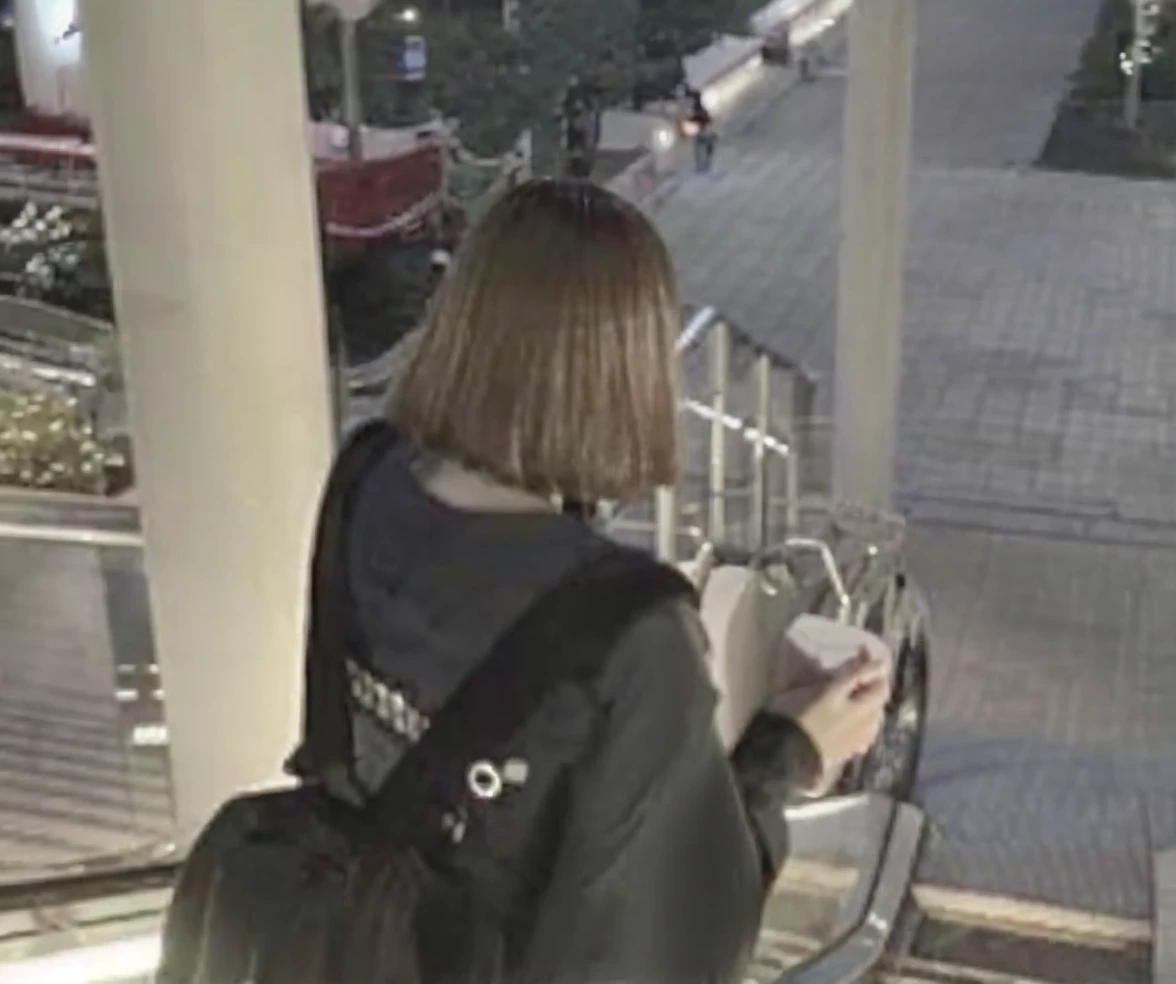 Japanese black hair her I can't see your face overall blurry back view back hair only background night road boyfriend's perspective The whole body is reflected short sleeve long skirt