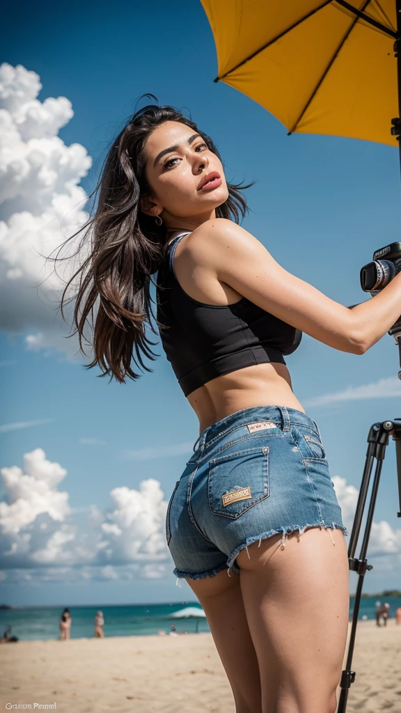 Beautiful Persian woman in shorts and crop top at the beach, model posing, angle face,round face,big breast,big chick,big breast,ass,a close up of a camera on a tripod in a field, tripod, wide lens photography, wide angle lens photography, high quality dslr photography, 8 k time - lapse functions, shot with canon eoa 6 d mark ii, camera on the ground, low angle camera, photography hight quality, low angle photography, professional photography canon, camera from a low angle