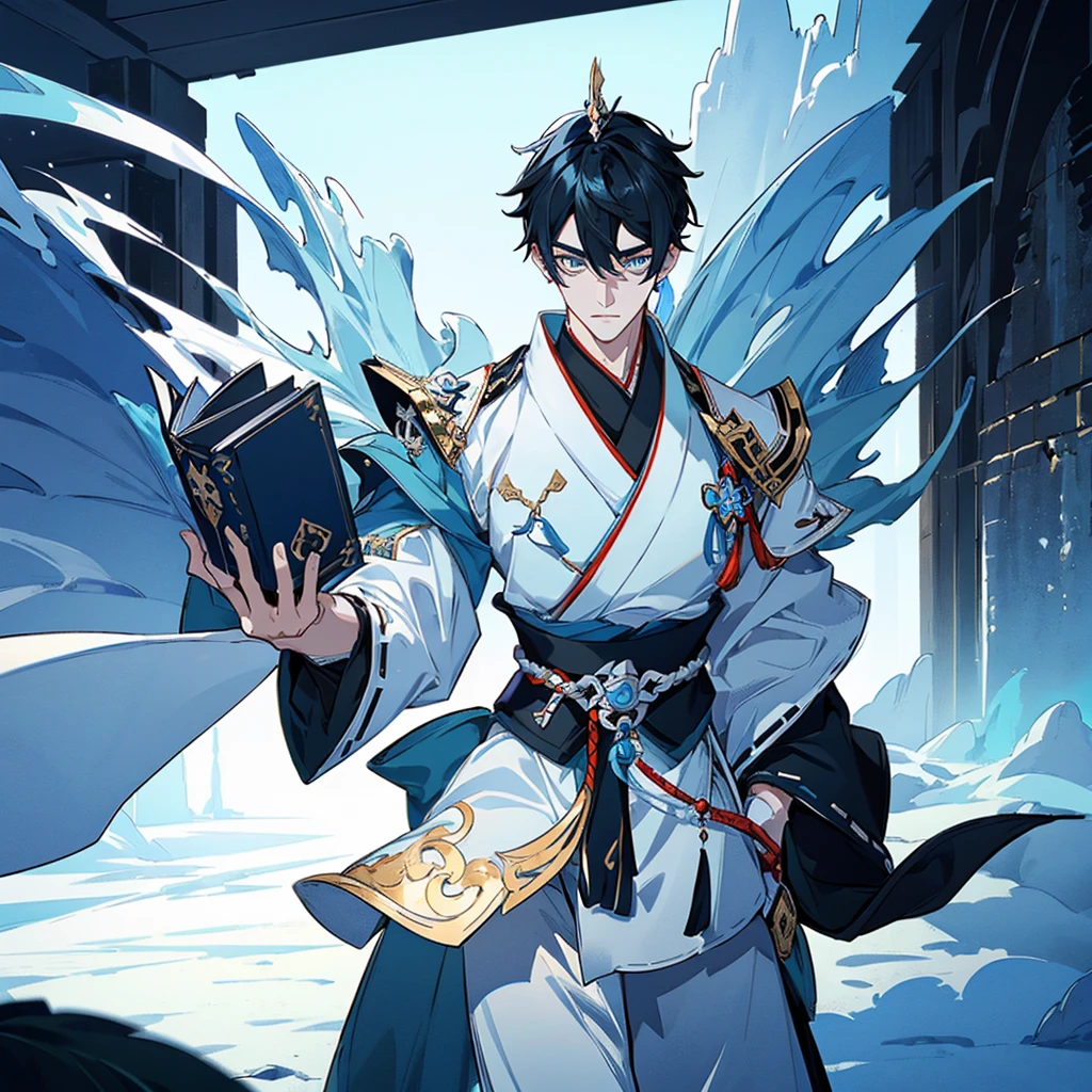 ((Genshin impact style)) (masterpiece), (high quality), (pretty boy face), 1 boy, 16 years, masculine and tall body, white skin, ((medium black hair)), ((light blue and cold eyes)), calm and neutral expression, designs from East Asian, Game character costume design, Japanese clothing style with a dark blue, white and black color palette, his is holding a book ((White background)) intricate details, lens flare，ultra high resolution，sharp focus，HD，8k，clear facial features，clear details，beautiful eyes，beautiful face
