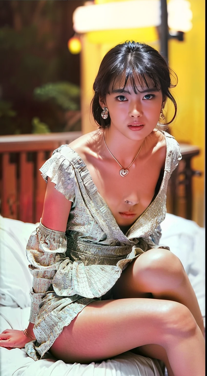 8K, masterpiece, RAW Photos, Highest quality, detailed:1.2),Realistic, Extremely detaileded Cg Unity 8K wallpapers, Depth of written boundary, Cinematic Light, Lens flare, Ray Tracing, (Very beautiful face, Beautiful Lips, Beautiful Eyes), intricate detailed face, ((ultra detaileded skin)) One girl, In the Dark, Deep Shadow, Cute Korean Girl, K-Pop Idols,(Very slim and slender muscular body:1.3), ((Displaying the viewer)),(Big smile), (Bodycon mini dress), (Injection Sleeve) , (City night, (Neon Signs), Dim lighting, rooftop, terrazzo, (night), Cute Korean Girl, Earrings, Bangles, necklace, pantyhose, Clear Eyes, walking , (Pale skin), Look forward, (Big eyes), ((Upper Body Shot)), Wear tight, Silk dress, Lace dress, (See-through dress), Very slim, Defamation, Updo, Silver open neckline dress, Skinny super mini skirt, Sitting, bed, front, Leg spread