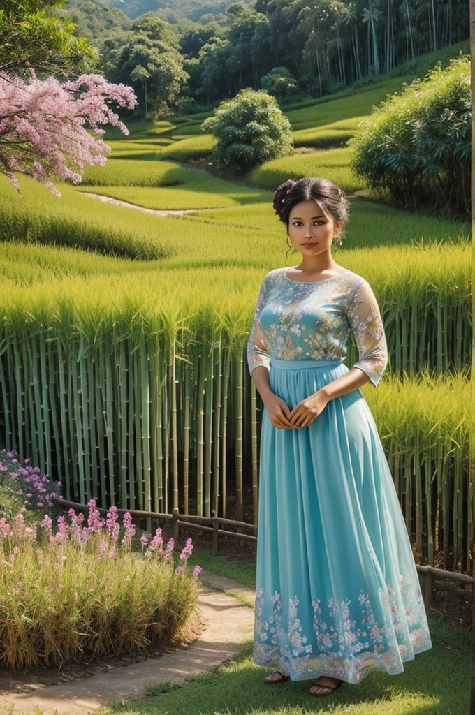Gorgeous alluring curvy seducing [Dutch:Sundanese:0.75] peasant woman donning a semi transparent mediocre tight and thin kebaya dress and tight batik long skirt, simple messy bun hairdo with small beautiful flowers in her hair, European look, perfect eyes, perfect face, insanely detailed and intricate terraced rice field background with bamboo forest and coconut plantation in a far distance, a vibrant beautiful flower bush in foreground, oil on canvas painting, realistic style, heavily influenced by Don Lawrence photorealistic brush stroke style
