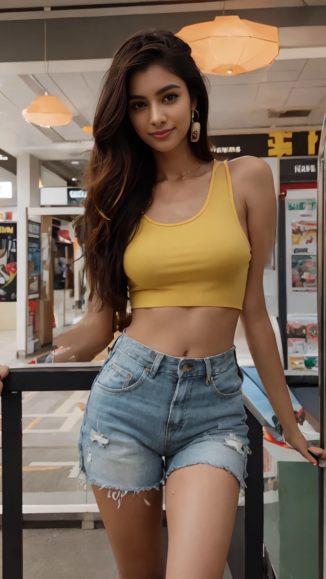 multicolored hair, crown, dashed eyes, smile, Hyperrealism, cinematic lighting, close-up, Ultra-Wide Angle, 135mm, Canon, best quality, high quality, super detail 20-year-old indian girl ambles through the bustling shopping mall. Dresses indian crops tops Rad colour and shorts black kurta , her carefree hair dances with the breeze. The details on her face showcase a mix of curiosity and focus. In the backdrop, murals of abstract and futuristic urban art contribute to the modern and inspiring ambiance. Engaged in conversations, she exudes a vibrant presence, navigating an academic environment that seamlessly fuses art, innovation, and learning. Stay on marriage function